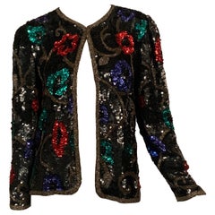 Black Sequin Jacket with Colorful Flower and Vine Decoration