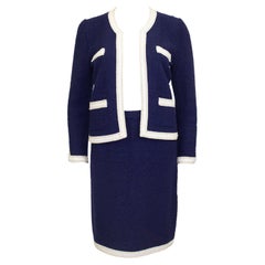 1980s Adolfo Navy Blue and White Knit Skirt Suit 