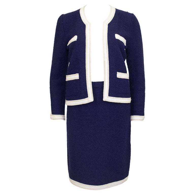1980s Adolfo Navy Blue and White Knit Skirt Suit  For Sale
