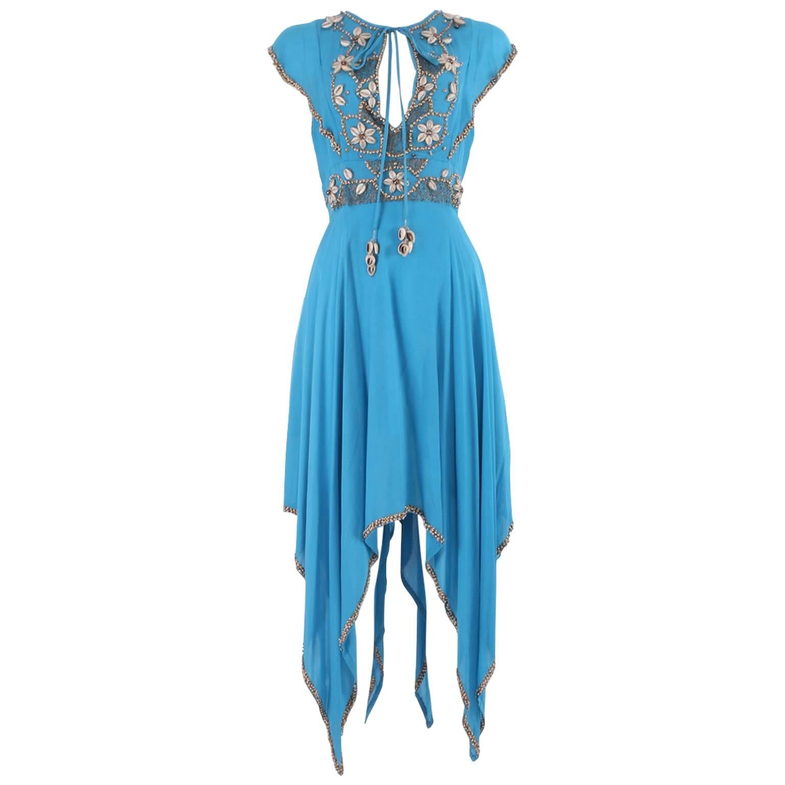 Matthew Williamson Cerulean Blue Dress with Beaded Shell Detail Size UK 10