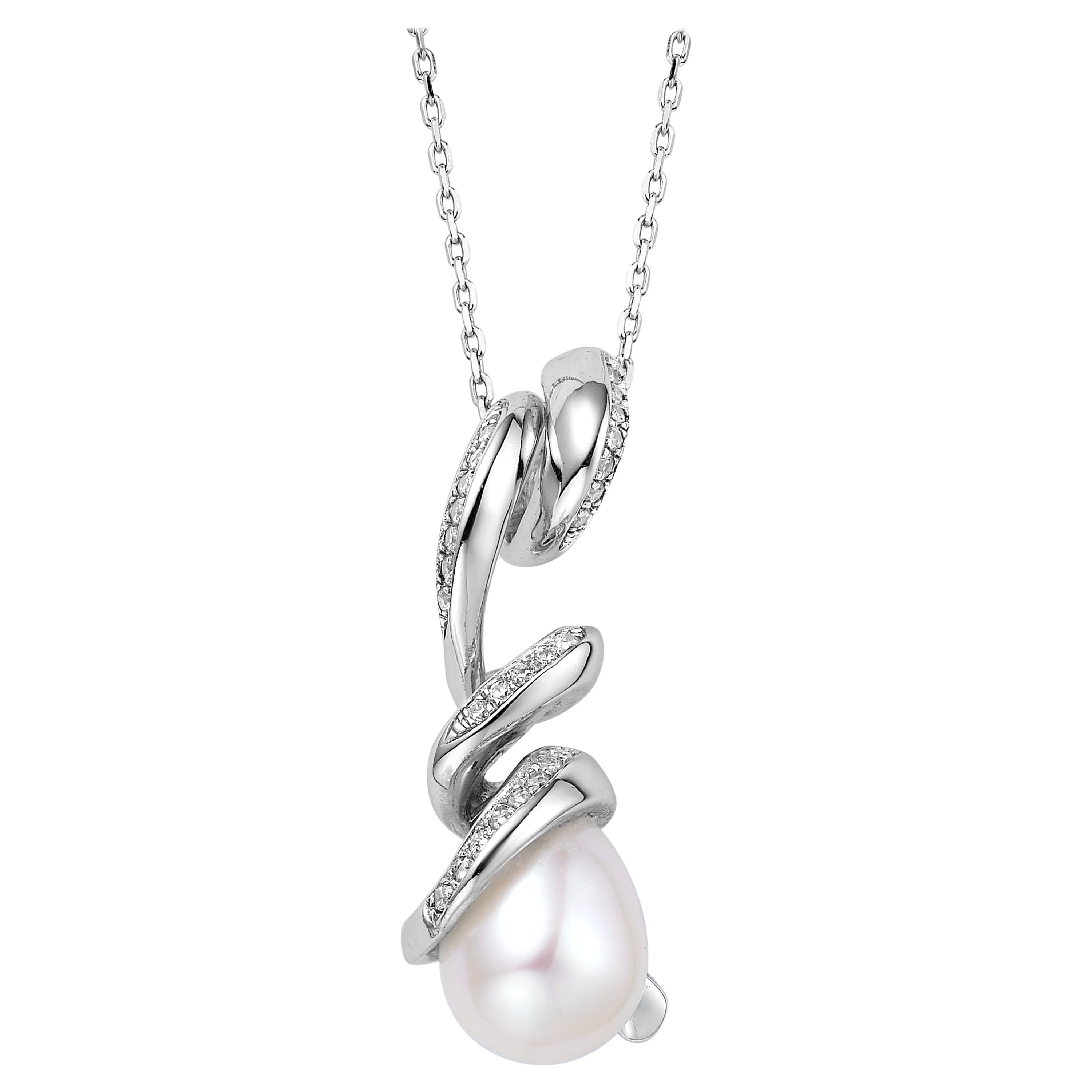 Fei Liu Freshwater Pearl Cubic Zirconia Sterling Silver Swirl Pendant Necklace