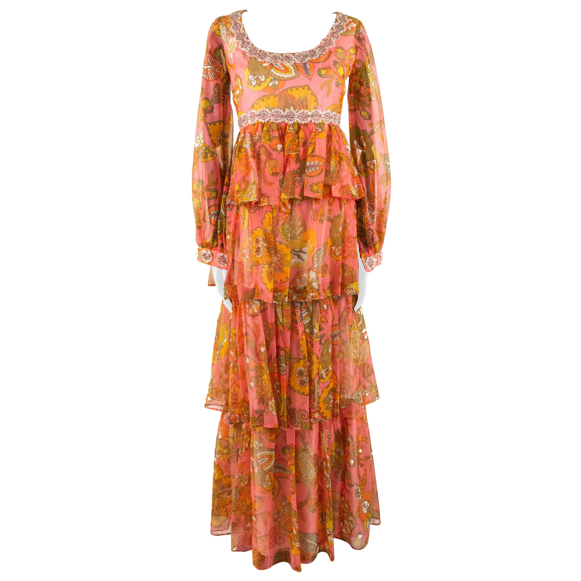1970s Pauline Coral Psychedelic Print Dress