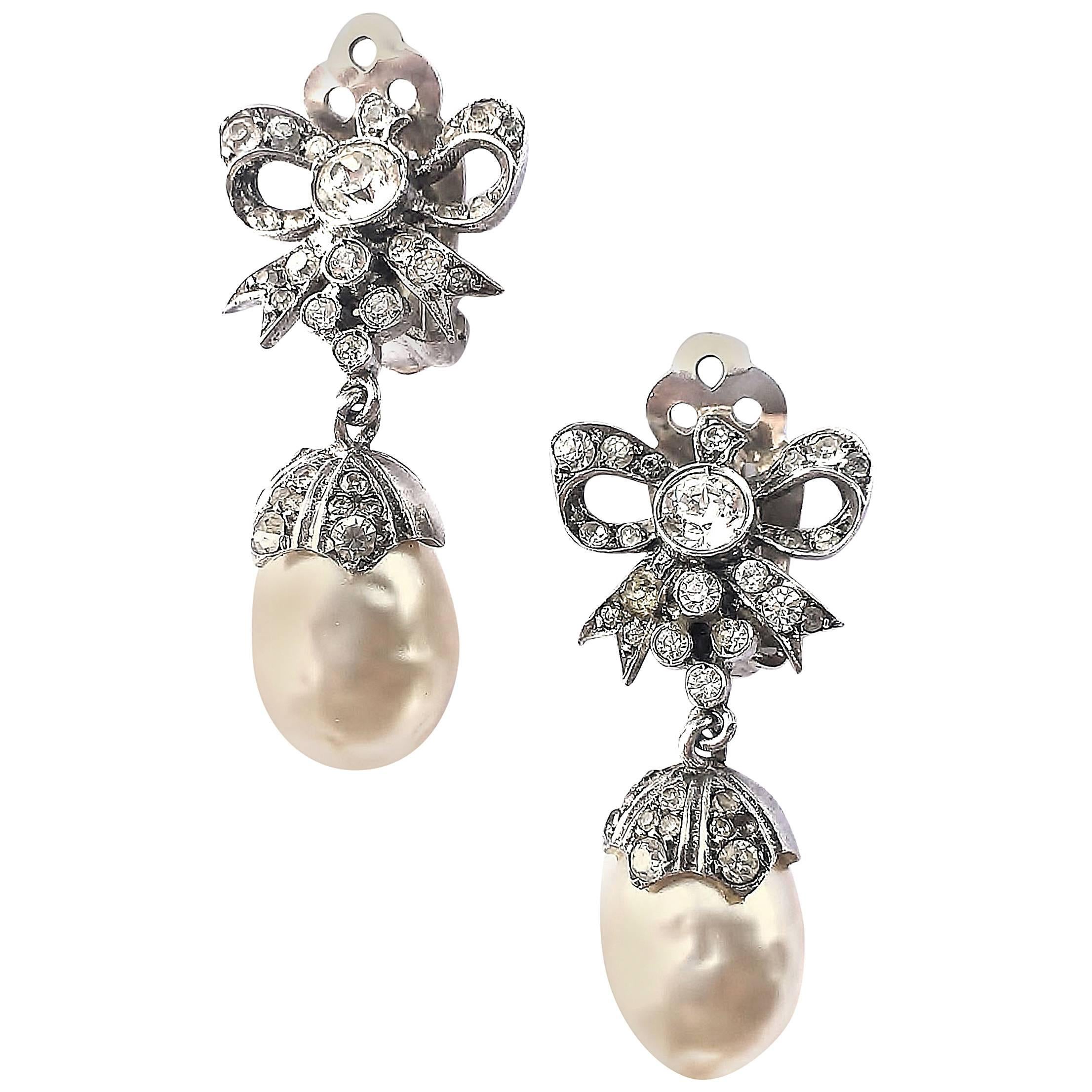 Christian Dior silver, paste and drop pearl 'bow' earrings