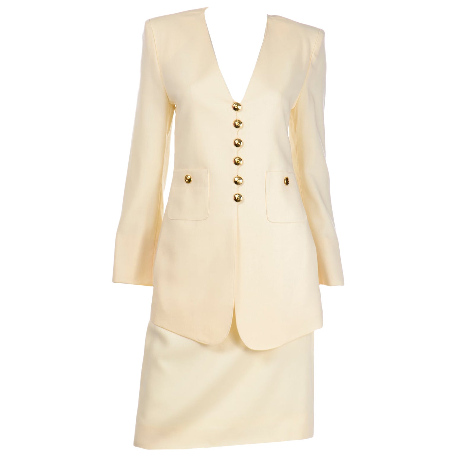 Sonia Rykiel Vintage Cream Wool Longline Blazer Jacket and Skirt Suit