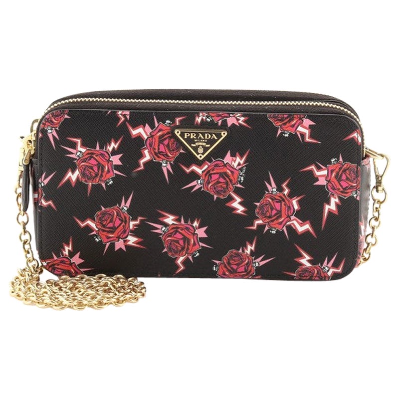 Prada Double Zip Wallet on Chain Crossbody Printed Saffiano