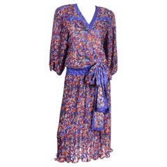 Retro 1980s Diane Freis Colorful Mixed Pattern Print Beaded Dress W Sash