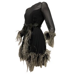 1960s Sarmi Black Silk Chiffon Dress W/ Ostrich Feather Trim Overlay Skirt & Bow