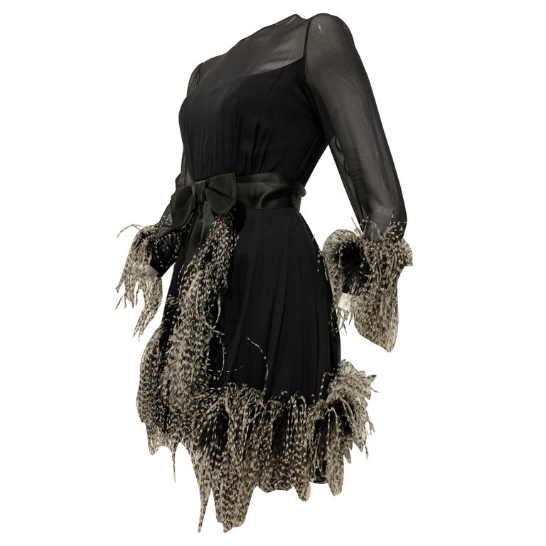 1960s Sarmi Black Silk Chiffon Dress W/ Ostrich Feather Trim Overlay Skirt & Bow For Sale