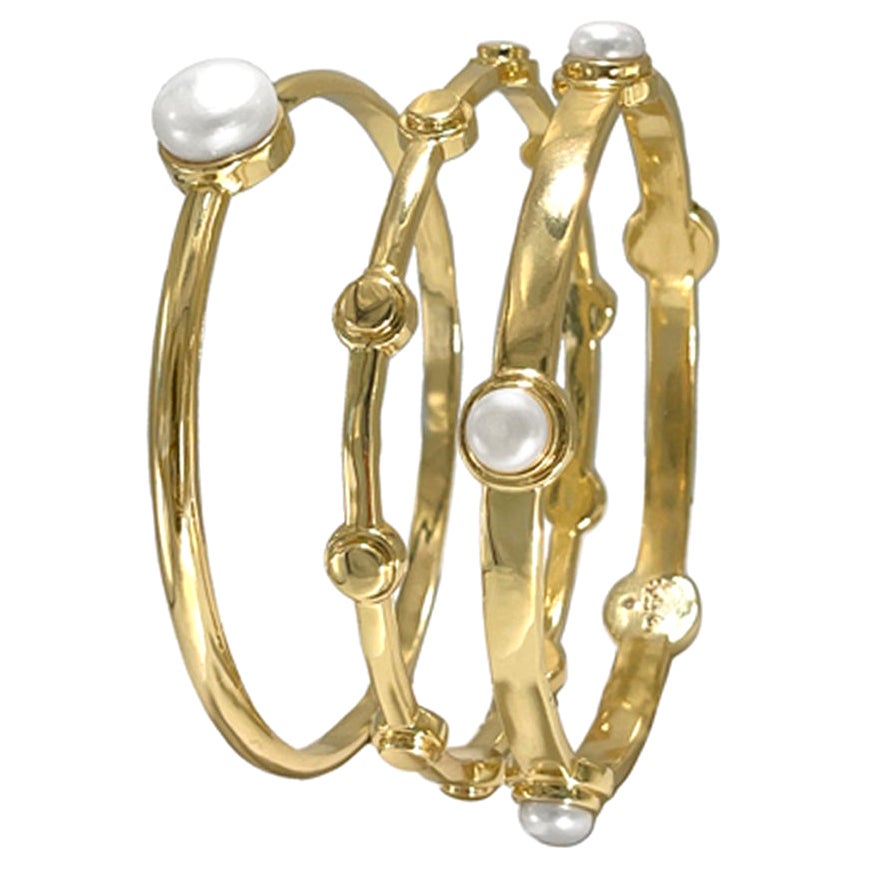 Anacaona Set of 3 Bangles  w/Pearl Accent in 14k Gold Plated Brass For Sale