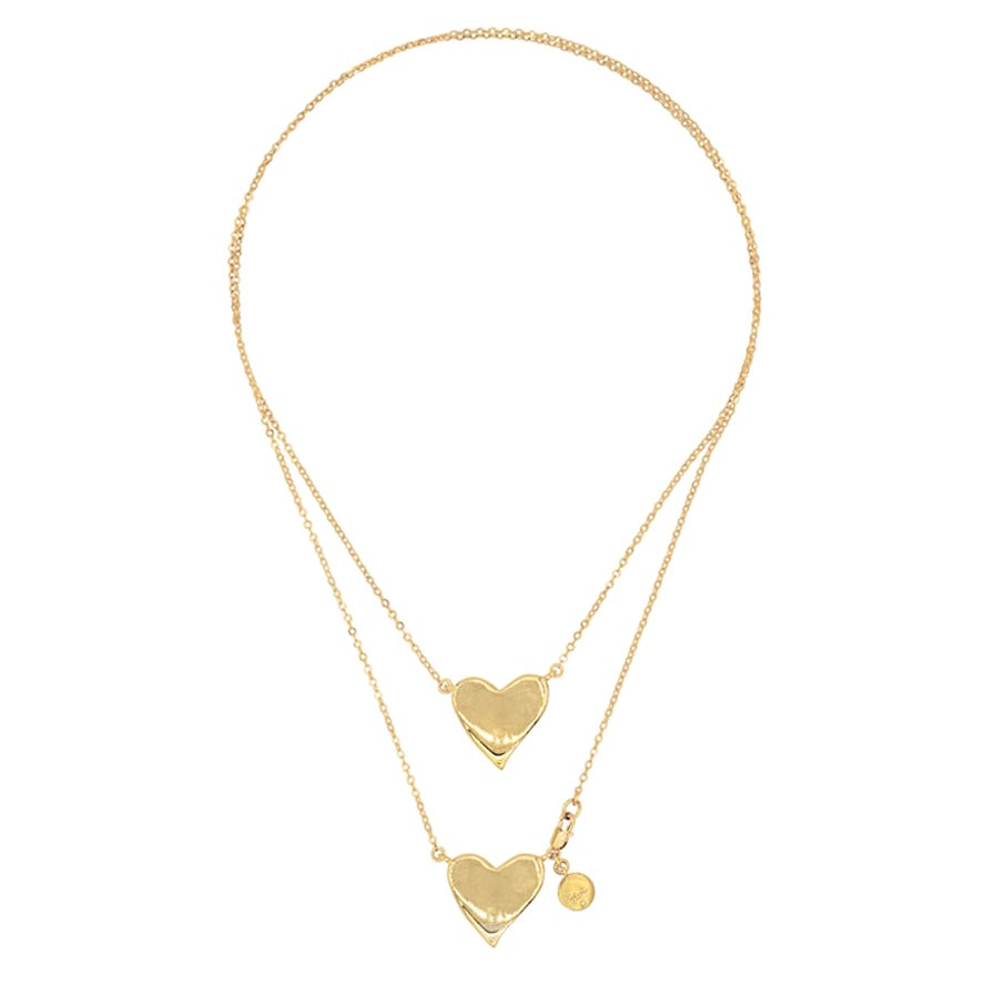 Syd+Pia Jille Bean Double Heart Pendants  36" 14K Gold Plated Scapular Necklace For Sale