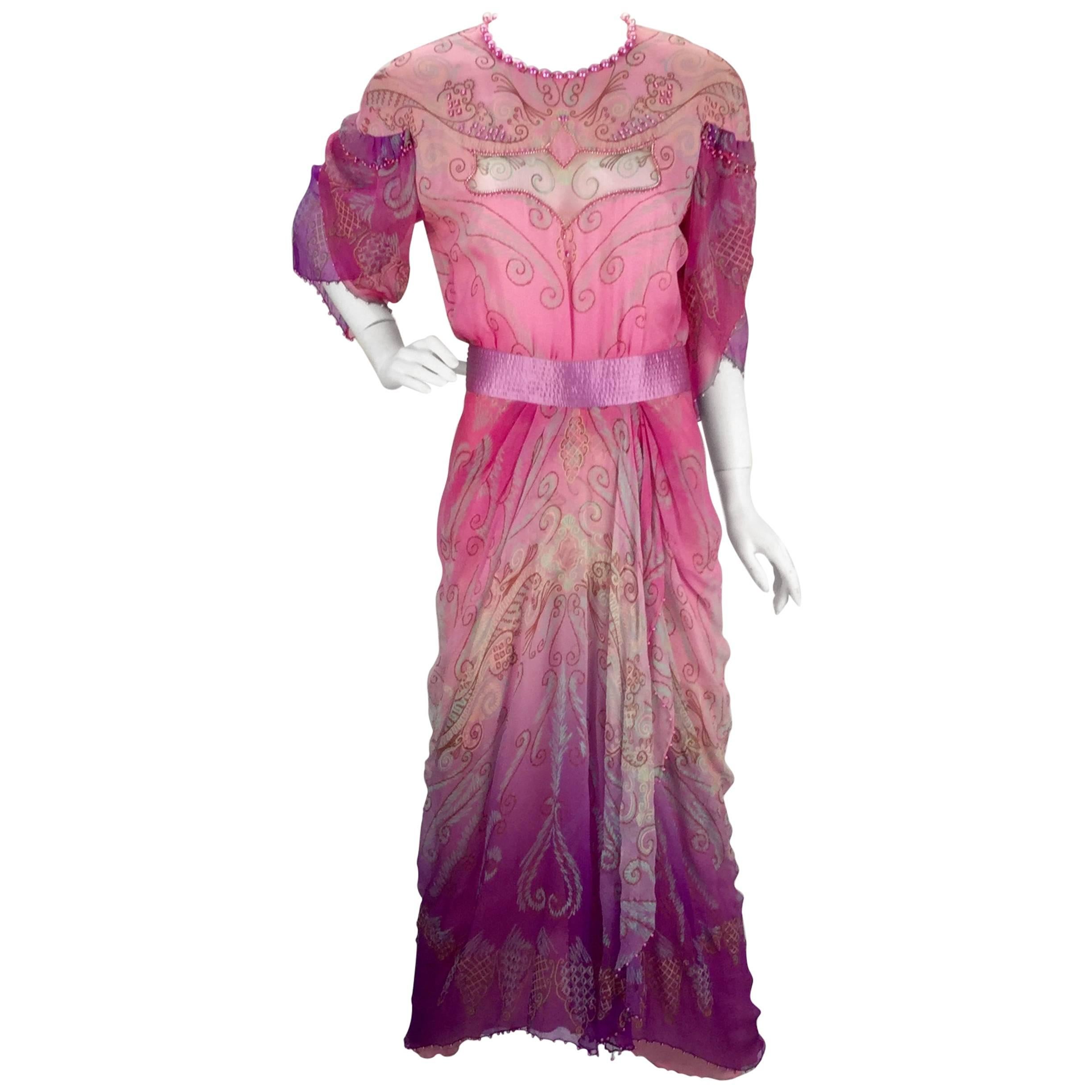 1970s Zandra Rhodes Pink Sik Screened Silk Evening Gown 