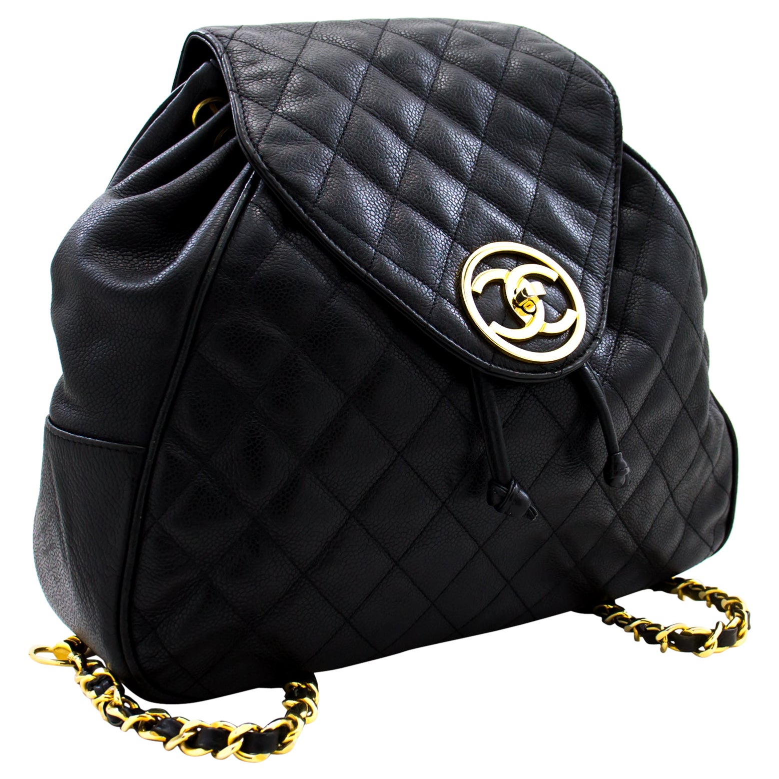 CHANEL Caviar Backpack Chain Bag Leather Black Flap Gold Hardware