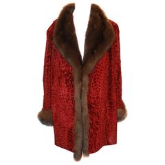 Oscar de la Renta Red Persian Lamb Jacket with Brown Sable Trim - 8