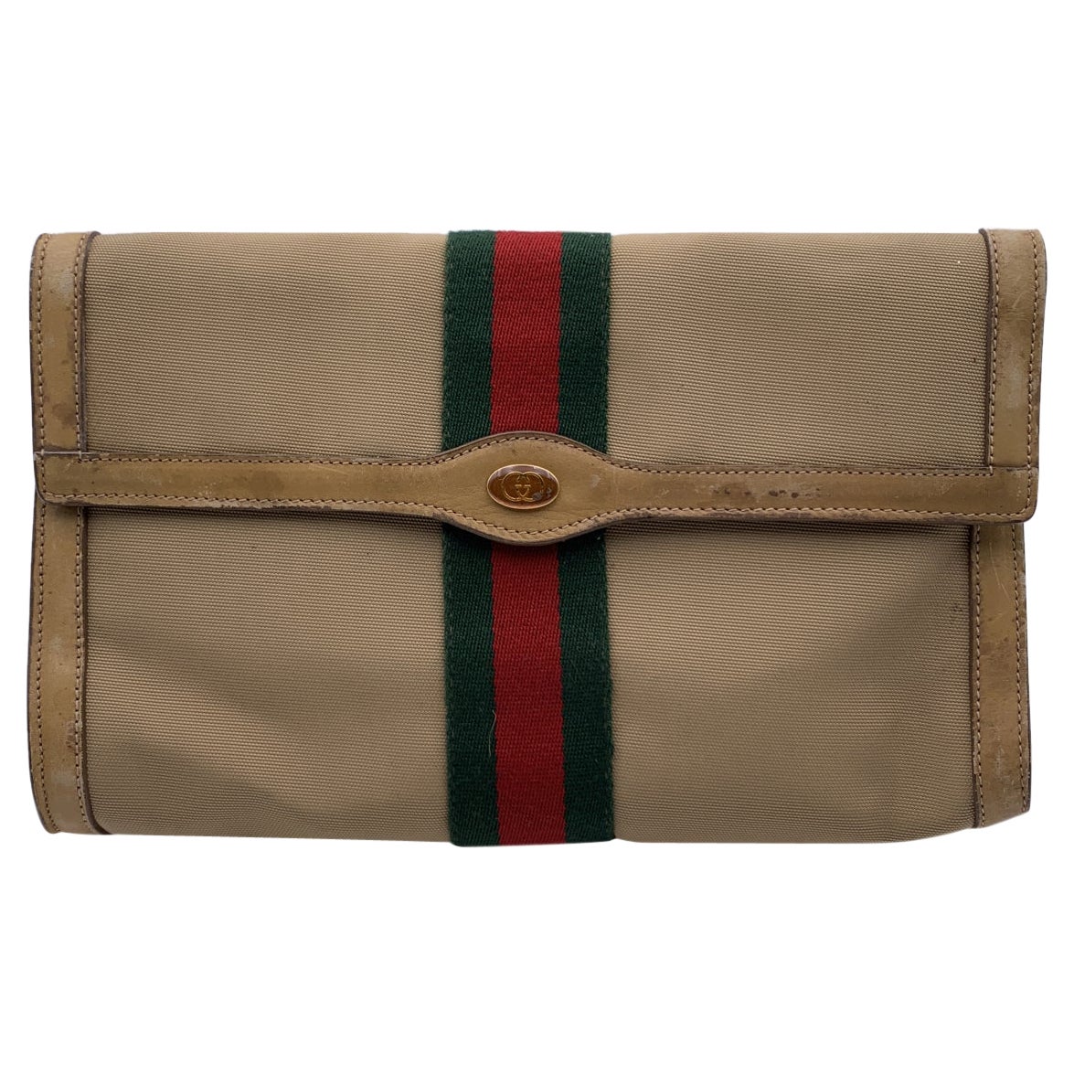 Gucci Vintage Beige Canvas Web Flap Cosmetic Bag Clutch Handbag
