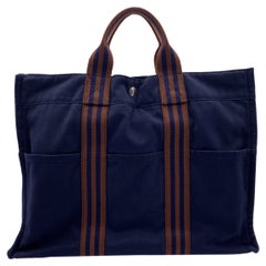 Hermes Paris Vintage Blue and Brown Cotton Fourre Tout MM Tote