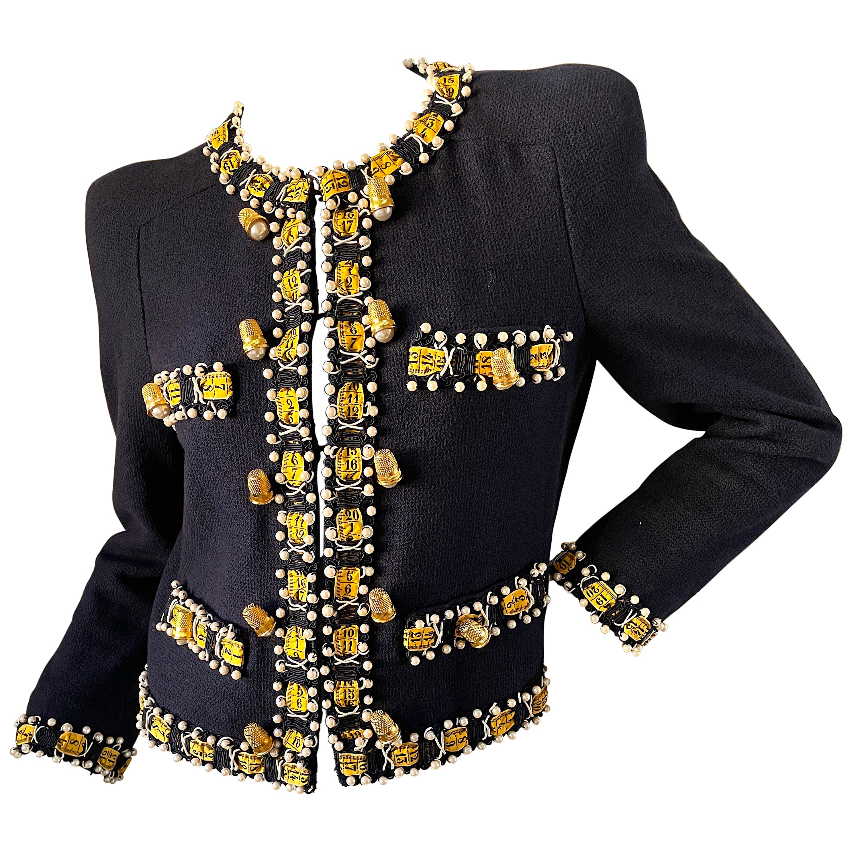 Moschino Vintage 80's Sewing Kit Embellished Blue Boucle Jacket For Sale