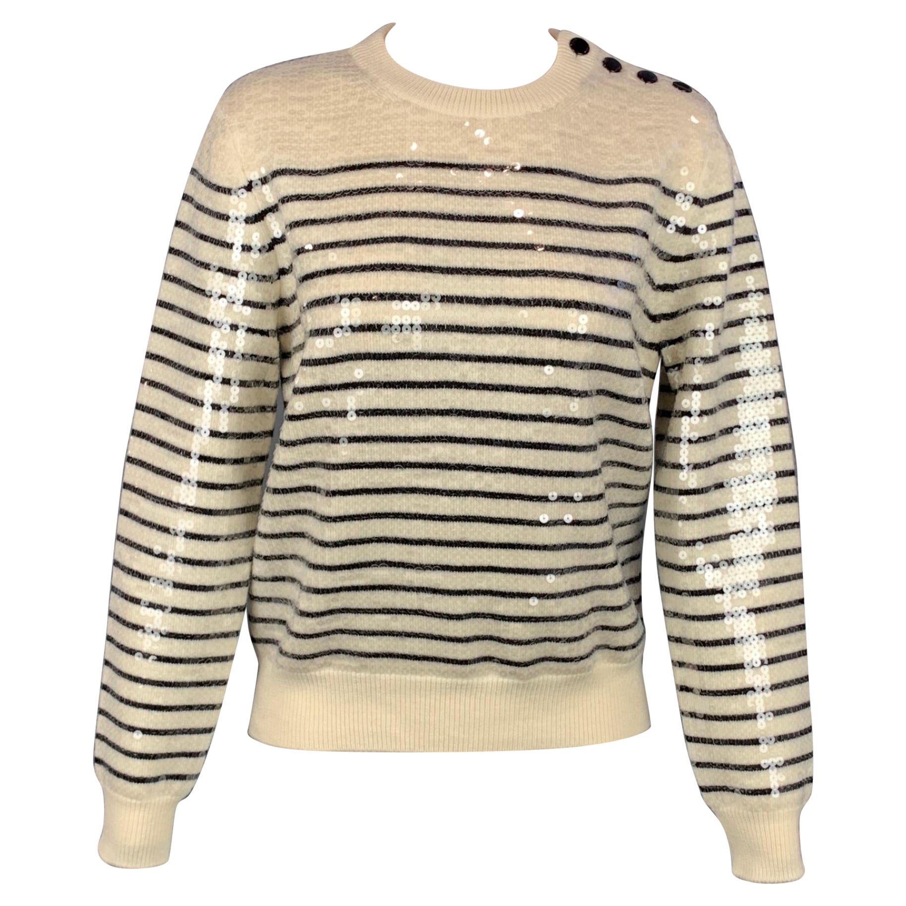 CELINE Size S Cream Sequined Striped Wool Marin Sweater