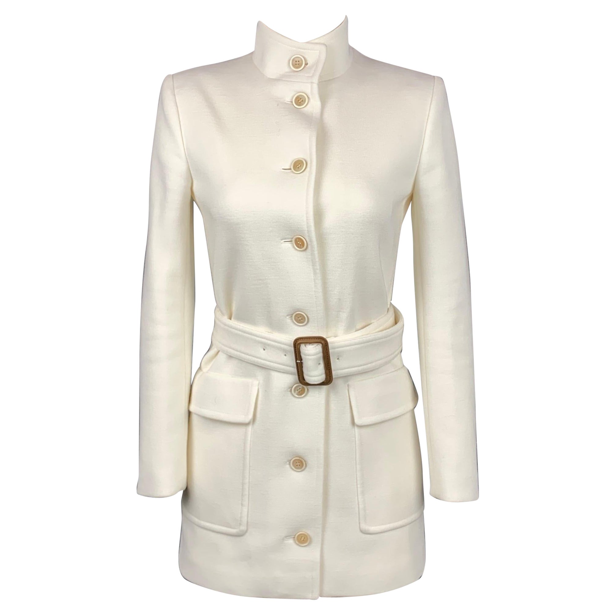 SAINT LAURENT SS 2021 Size 4 Cream Wool Blend Belted Military Jacket at  1stDibs