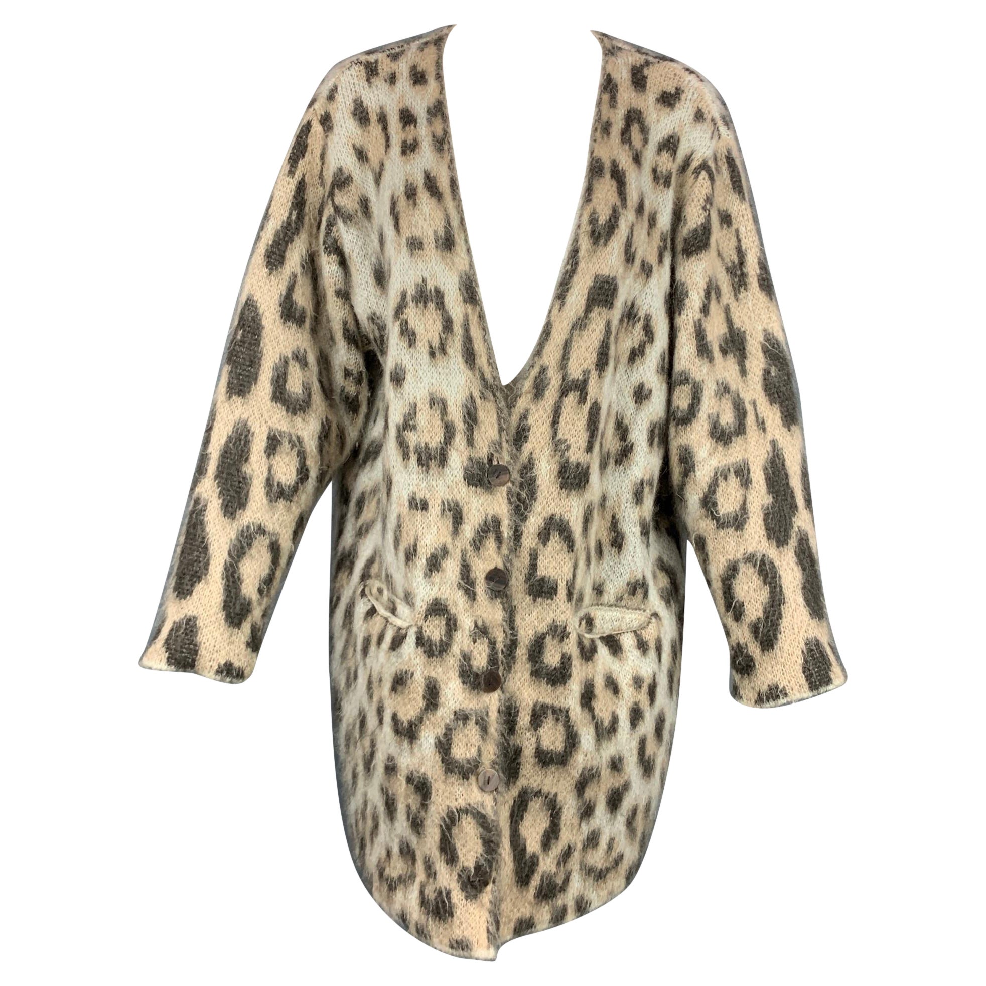 LOEWE Size XS Taupe Mohair Blend Leopard Print Long Cardigan
