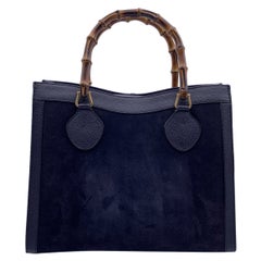 Gucci Vintage Blue Suede Princess Diana Bamboo Tote Bag