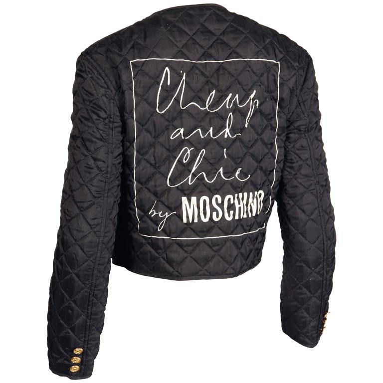 Moschino Vintage 1990s 90s Black Quilted Jacket with Cheap & Chic Graphic For Sale