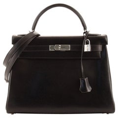 Hermes Kelly Handbag Noir Box Calf with Palladium Hardware 32