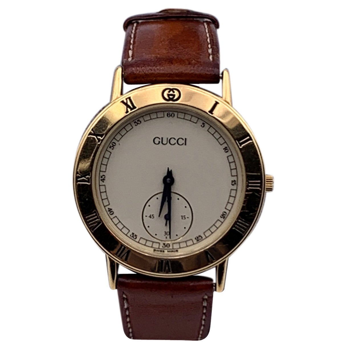 Gucci Vintage Gold Tone Stainless Steel 3000.2.M Watch Leather Strap