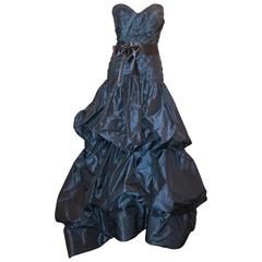 Oscar de la Renta Navy Silk Taffeta Strapless Gown - 14 7