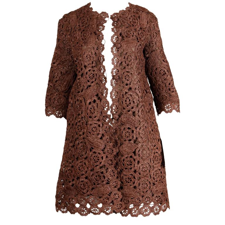 1960s Brown Scalloped Hand Crochet Raffia Lace Jacket or Coat For Sale ...