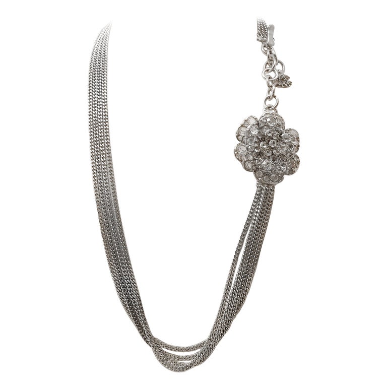 Chanel Silver Multichain Crystal Camellia Necklace For Sale at