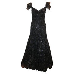 Vicky Tiel Black and Silver Tulle Lace Off the Shoulder Gown - 42