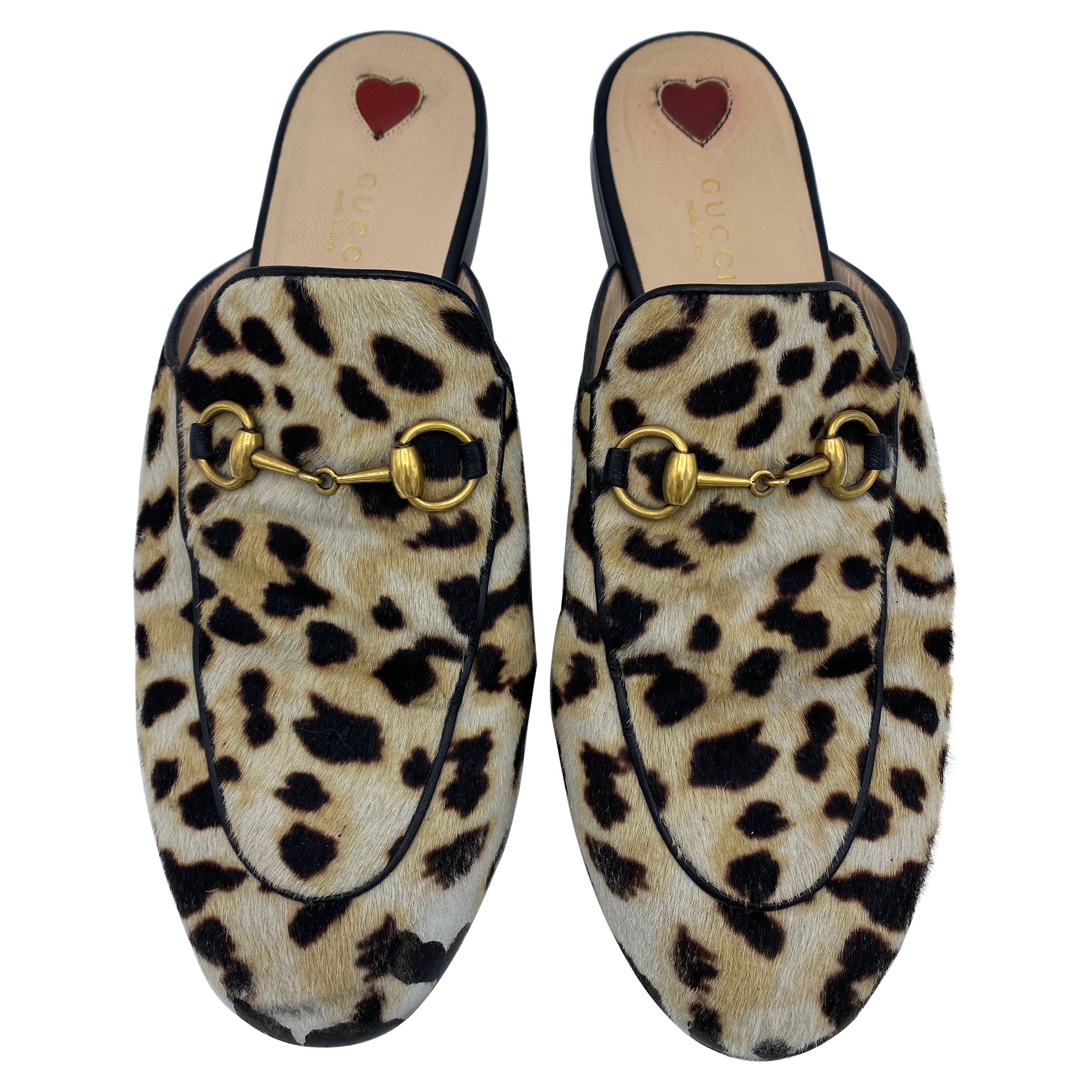 Gucci Princetown Leopard Calf Hair Slippers, Size  38.5