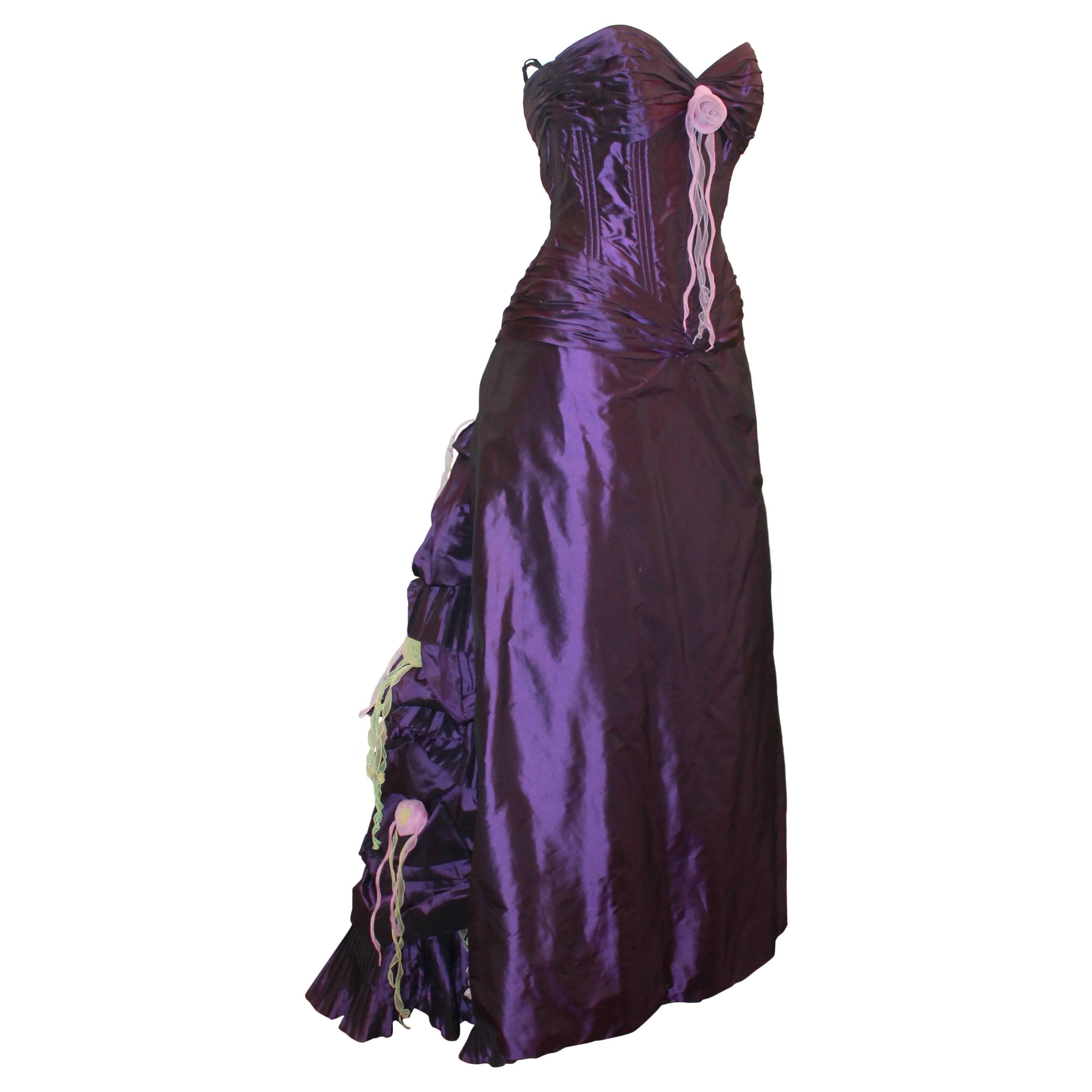 Vicky Tiel Purple Silk Taffeta Strapless Gown w/ Floral Detail On Back - 42 For Sale