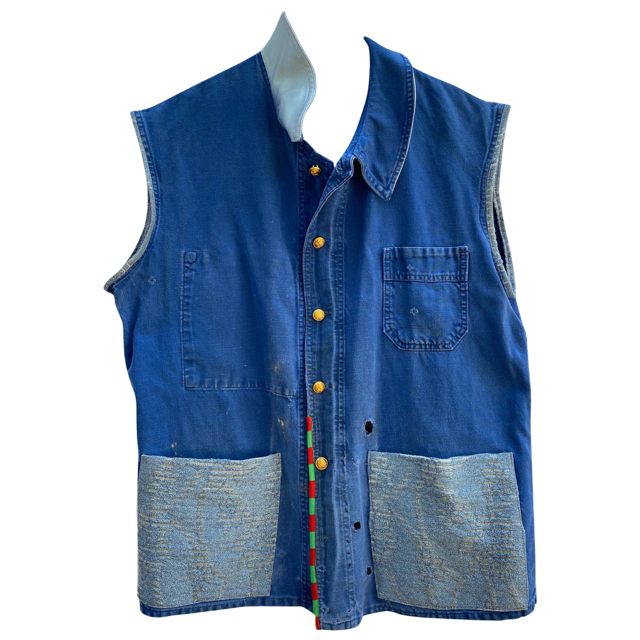 Vest Sleeveless Jacket Blue French Workwear Distressed Blue Glitter Large