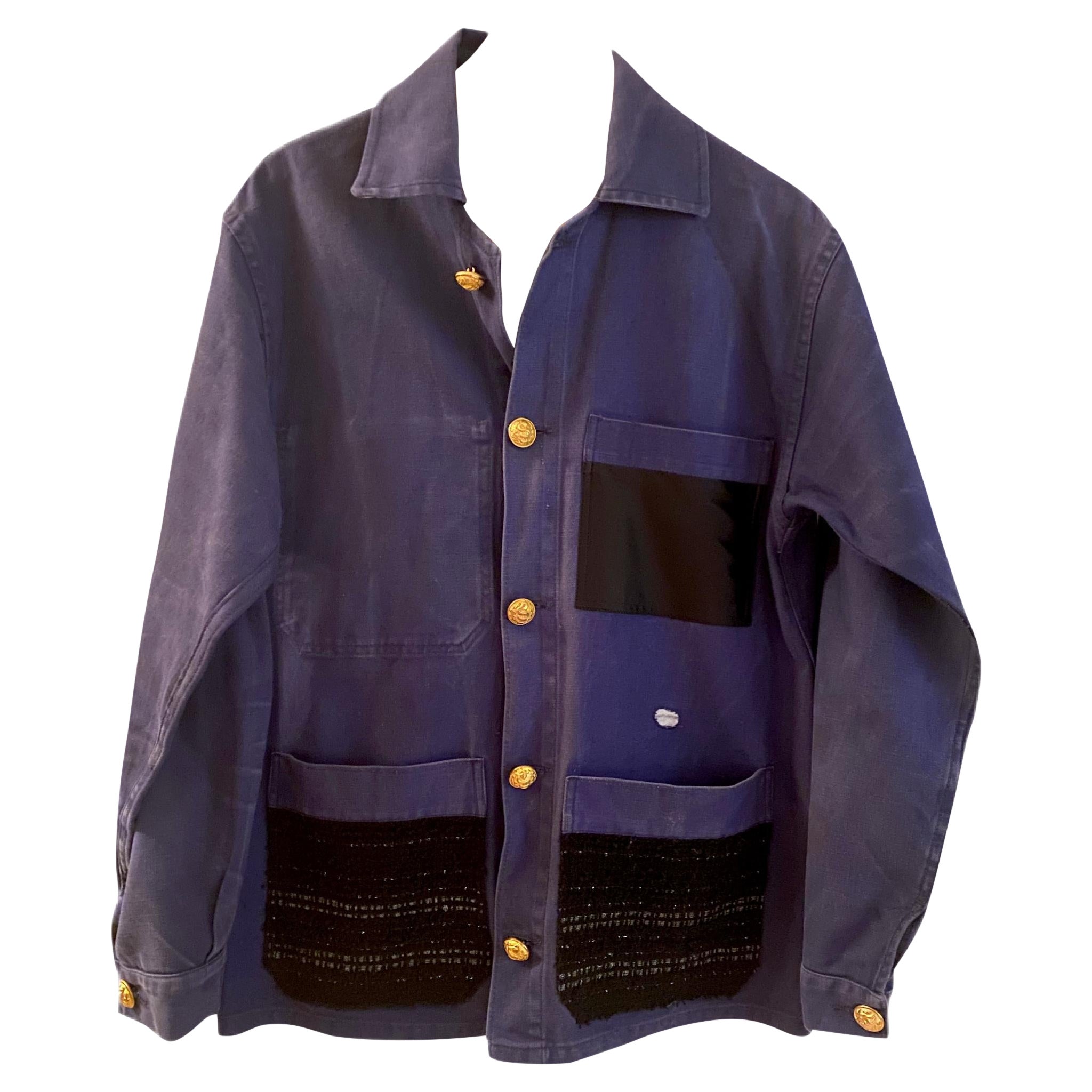 Jacket French Work Wear Blue Embellished Black Tweed J Dauphin
