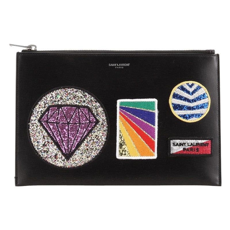 Saint Laurent Zip Pouch Patch Embellished Leather Small