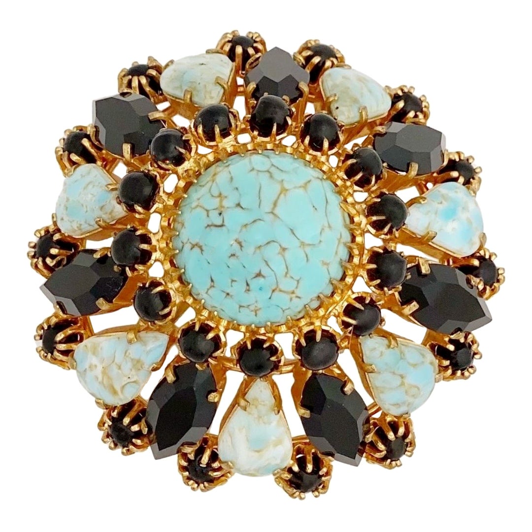 Turquoise & Onyx Rhinestone Juliana Style Domed Brooch, 1960s