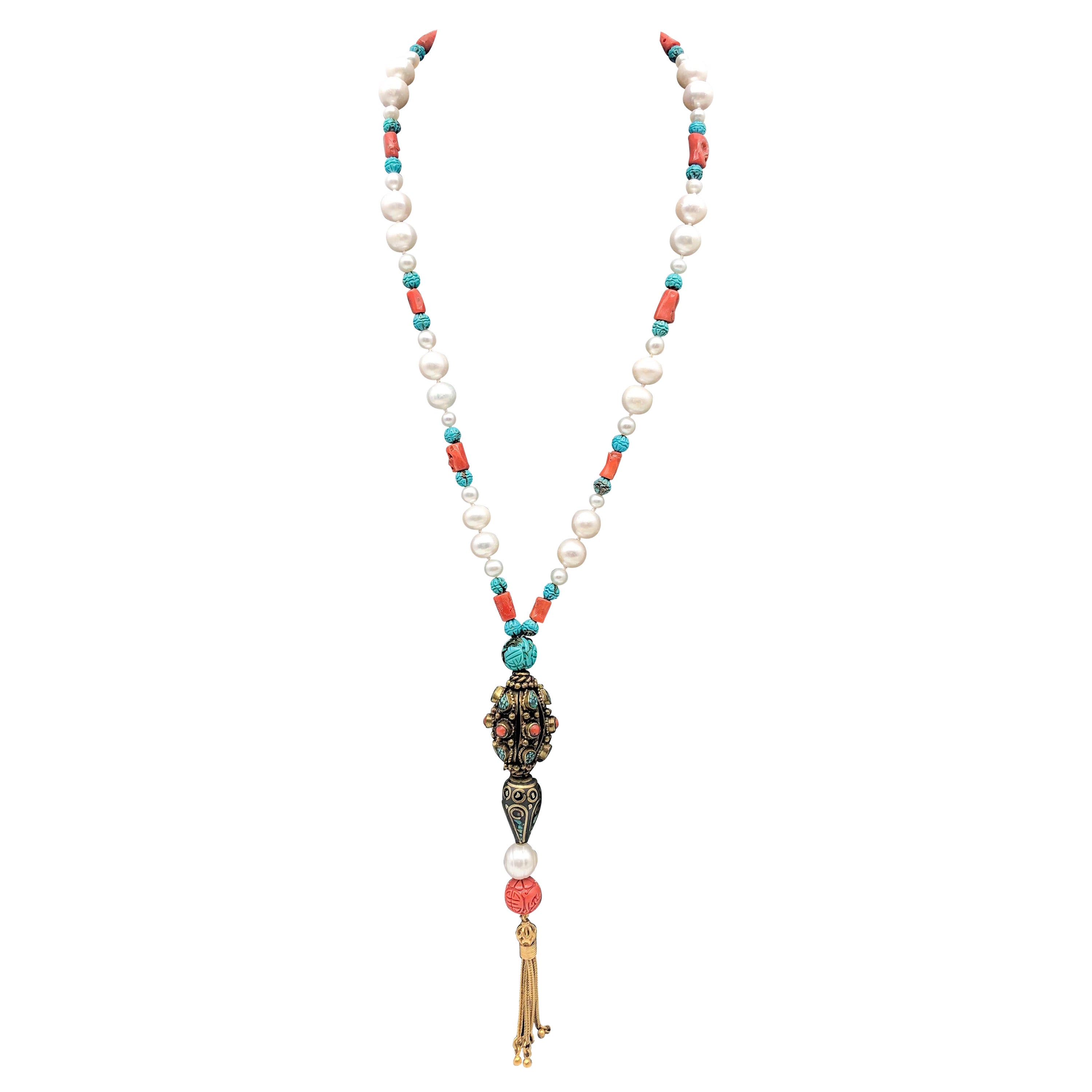 A.Jeschel Elegant Long Pearl necklace with Tibetan Pendant. For Sale