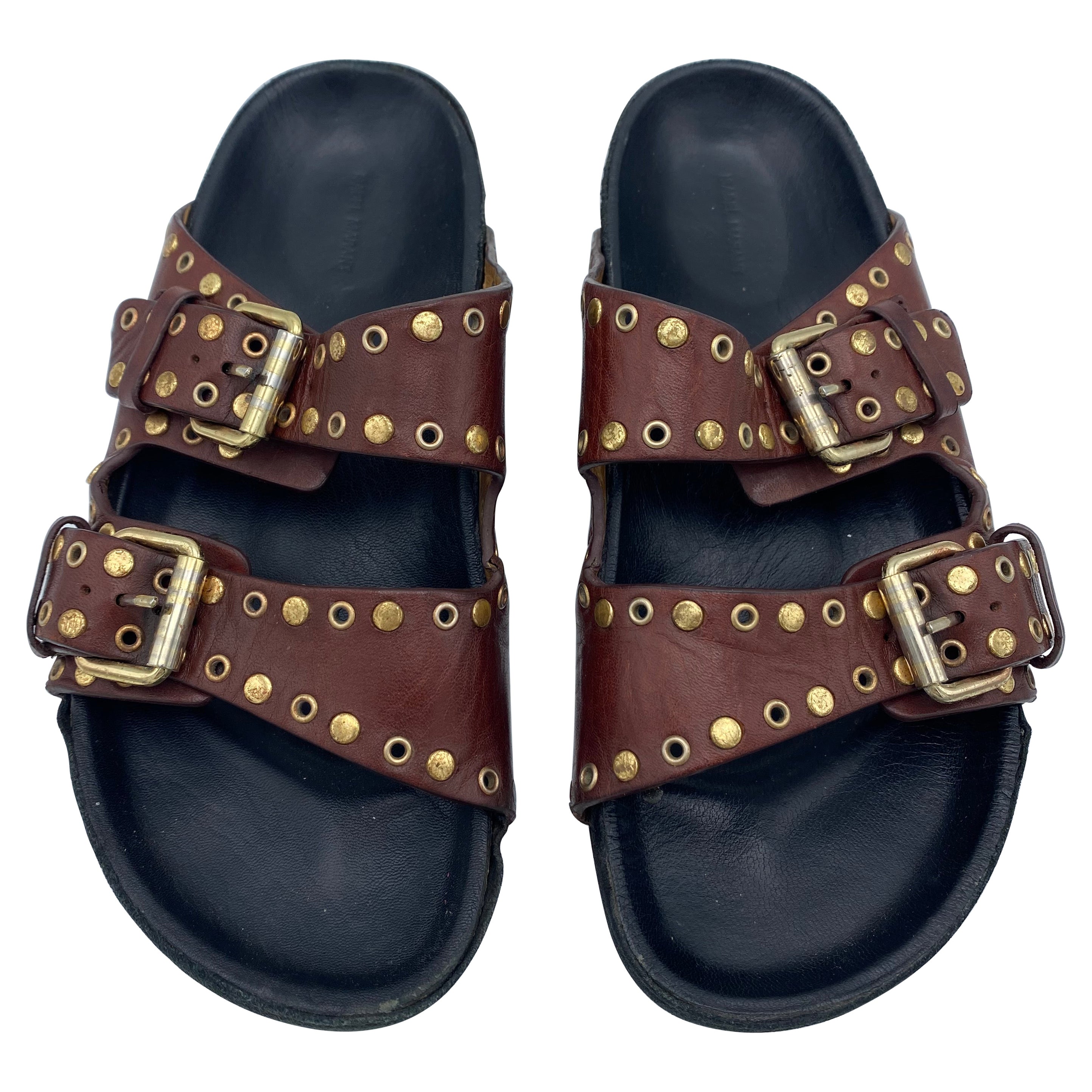 Isabel Marant Lennyo Grommet Leather Slides Sandals, Size  For Sale