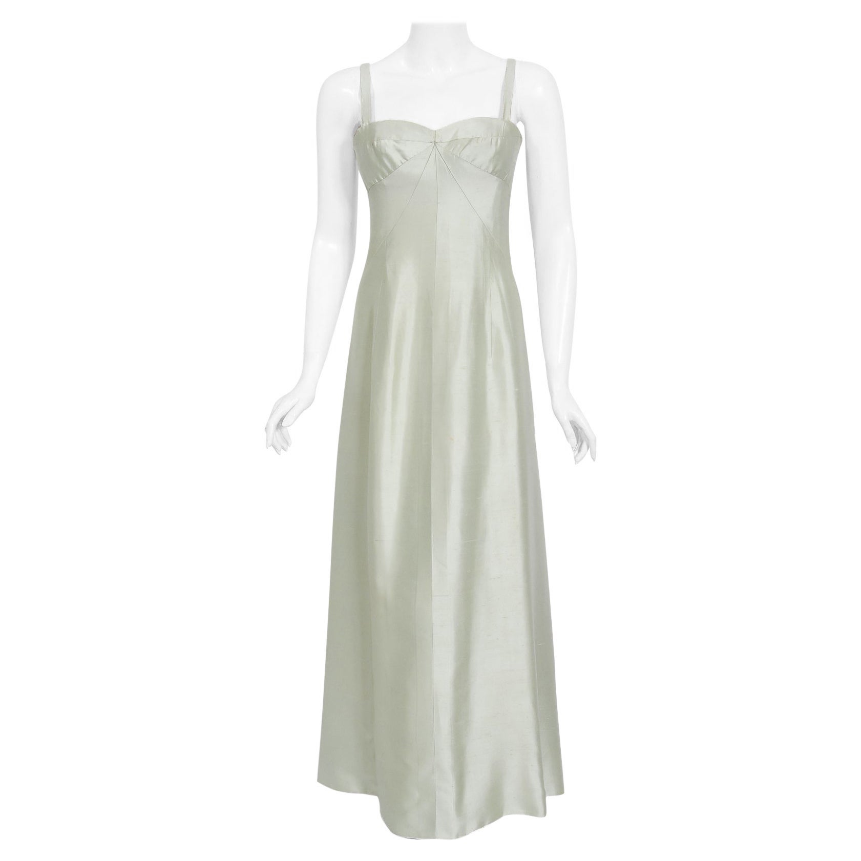 Vintage 1965 Jean Patou Haute Couture Icy Blue-Green Silk Plunge Sculptural Gown For Sale