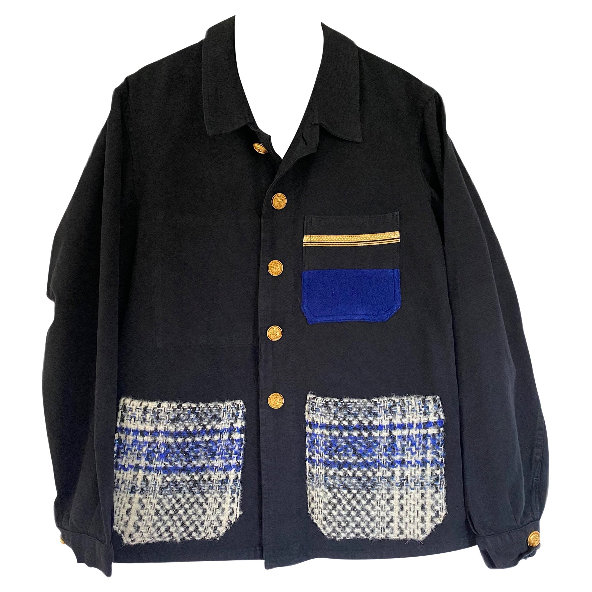 Jacket Black Wool Tartan Pockets Blue Cobalt White French Work Wear J Dauphin