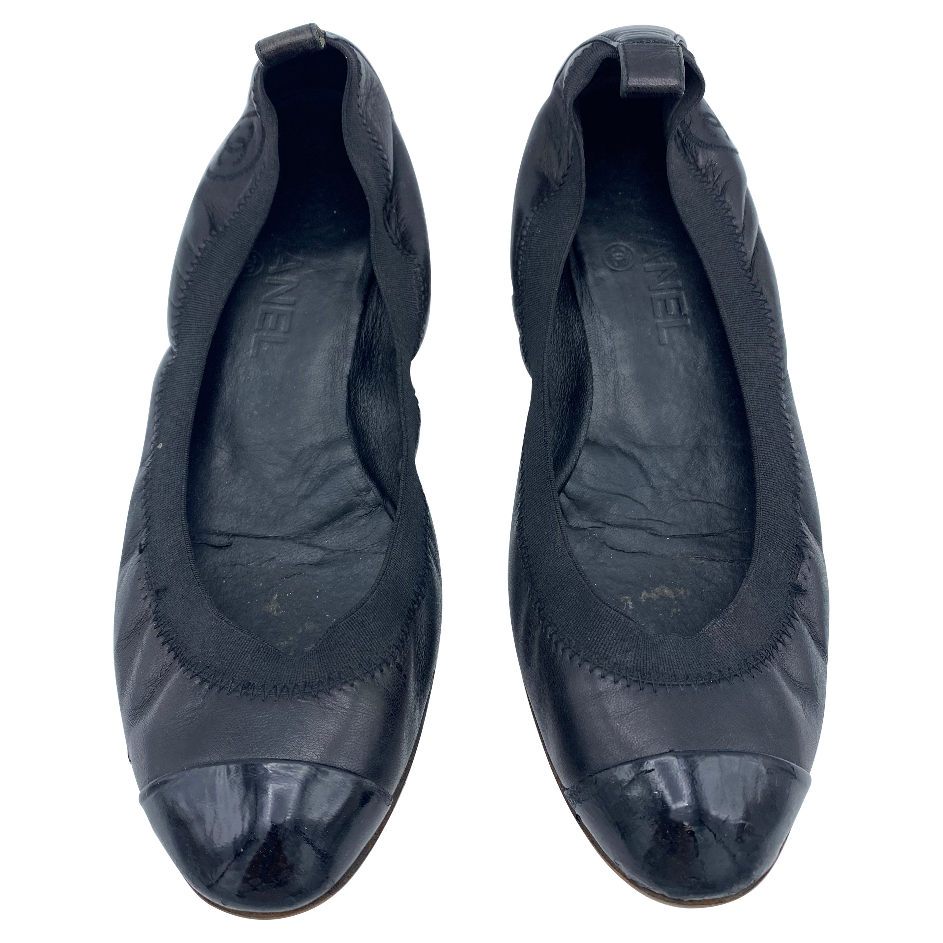Chanel Black Leather Ballet Flat Shoes, Size 38