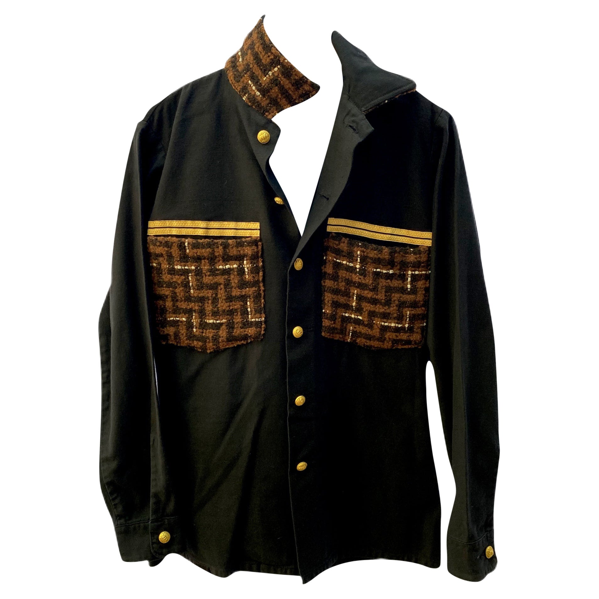 Black Jacket Military Brown Wool Tweed Gold Braid Buttons J Dauphin