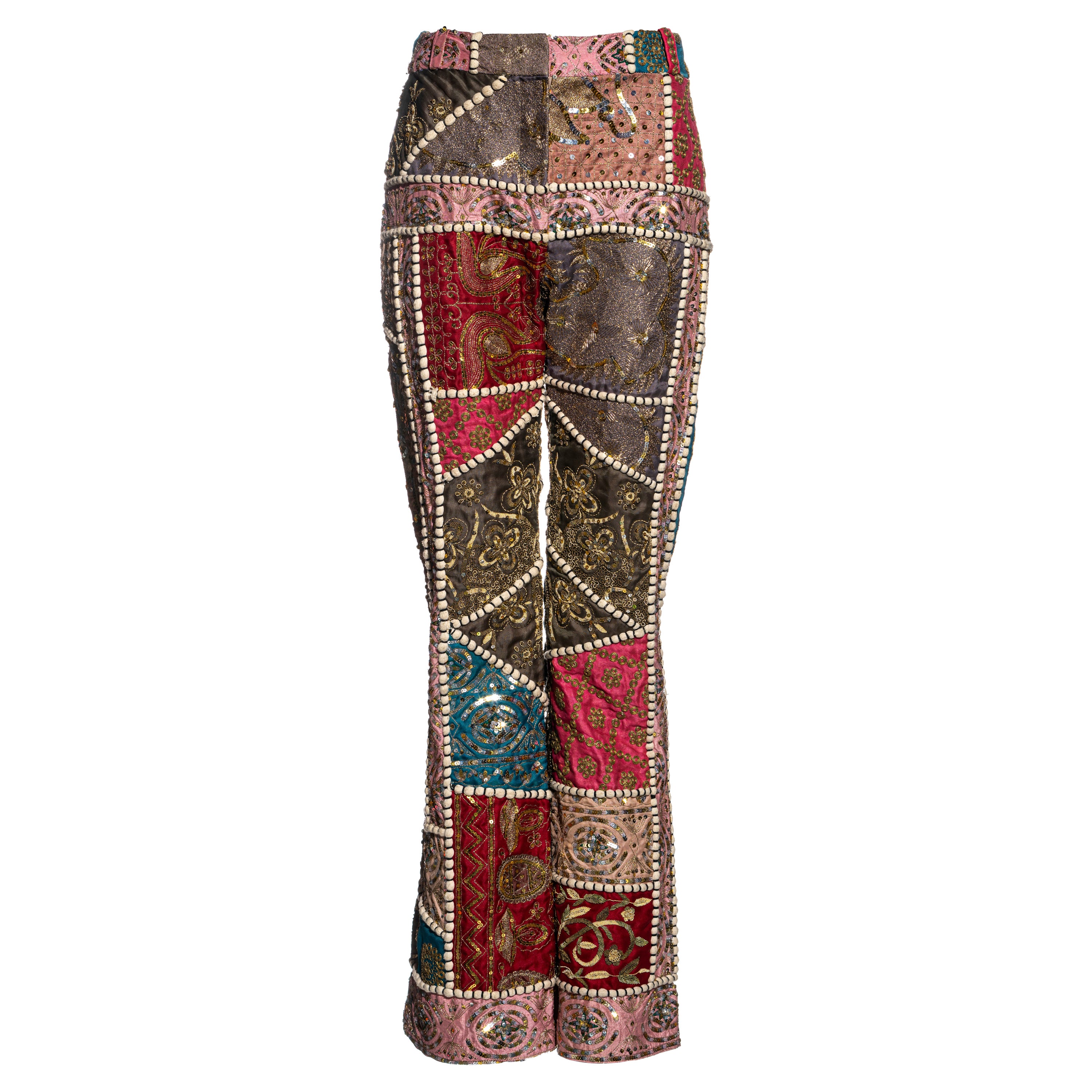 Gianfranco Ferre raw silk patchwork embroidered pants, ss 2002 For Sale