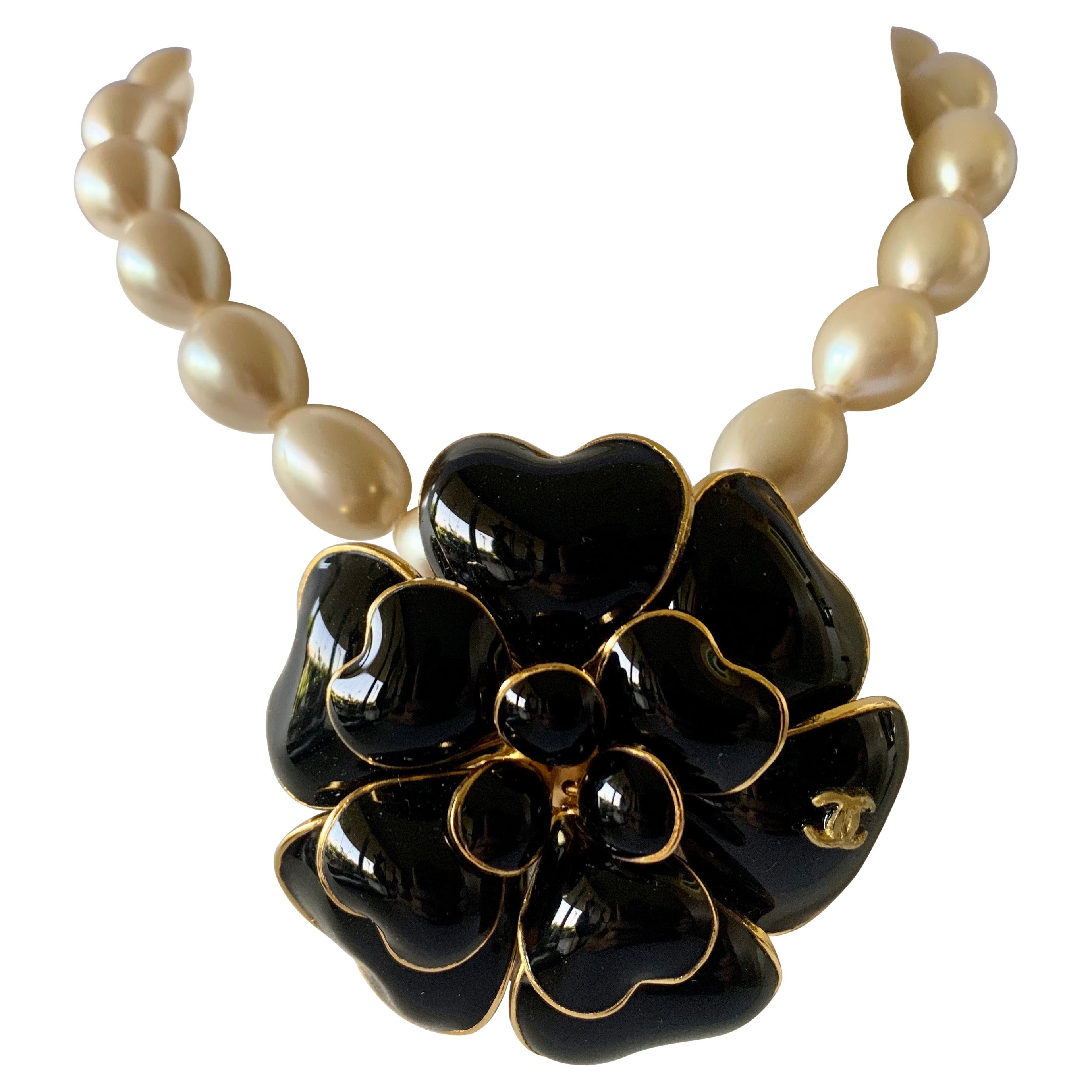 Vintage Chanel Black Camellia CC Statement Pearl Necklace at