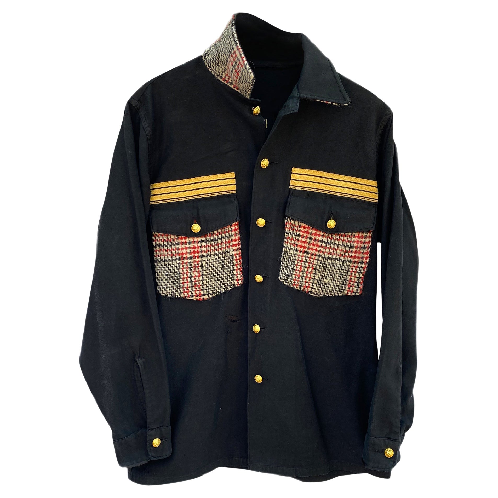 Black Jacket Military Red White Black Tartan Wool Gold Braid Buttons J Dauphin
