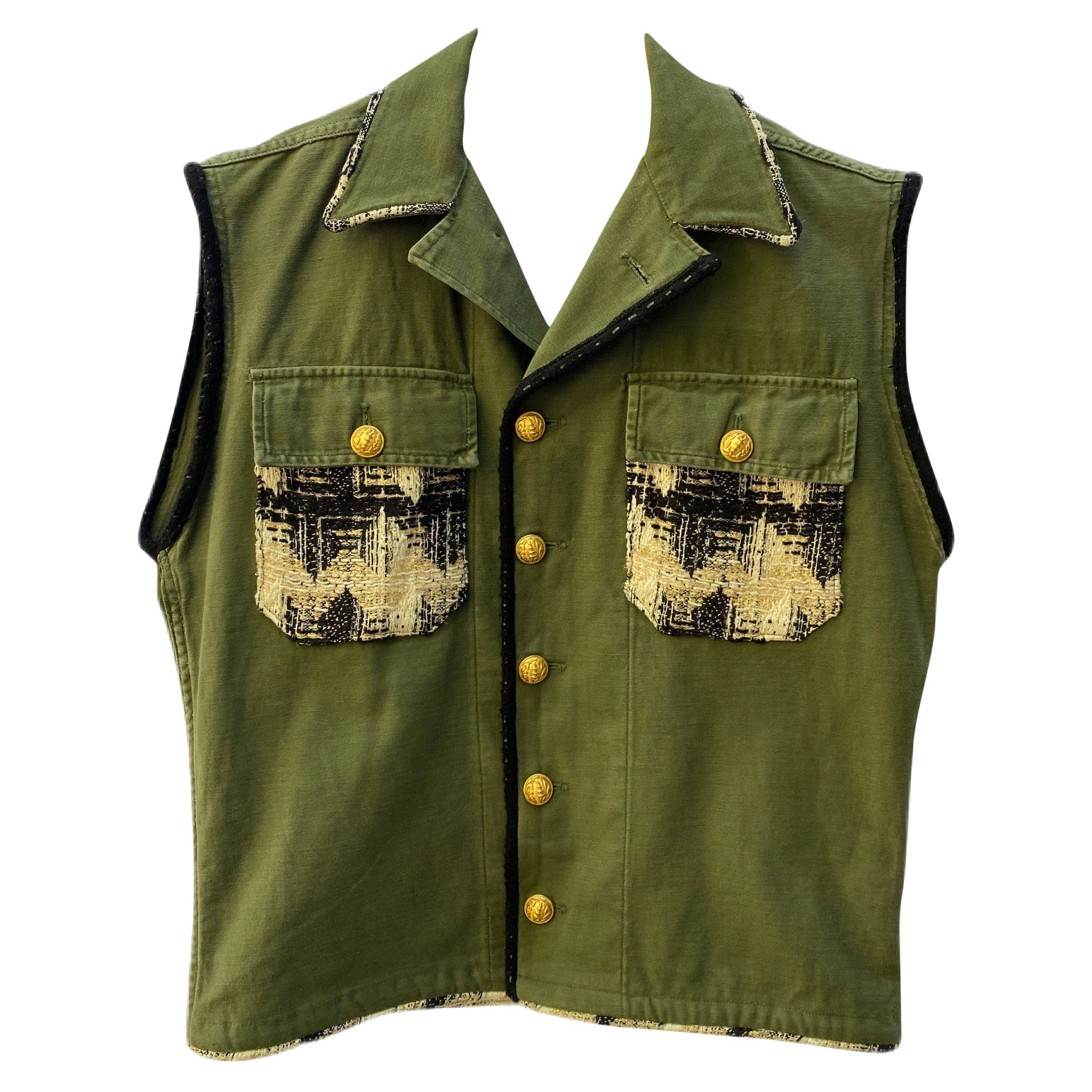 Embellished Green Sleeveless Jacket Vest Military Tweed Gold Buttons J Dauphin