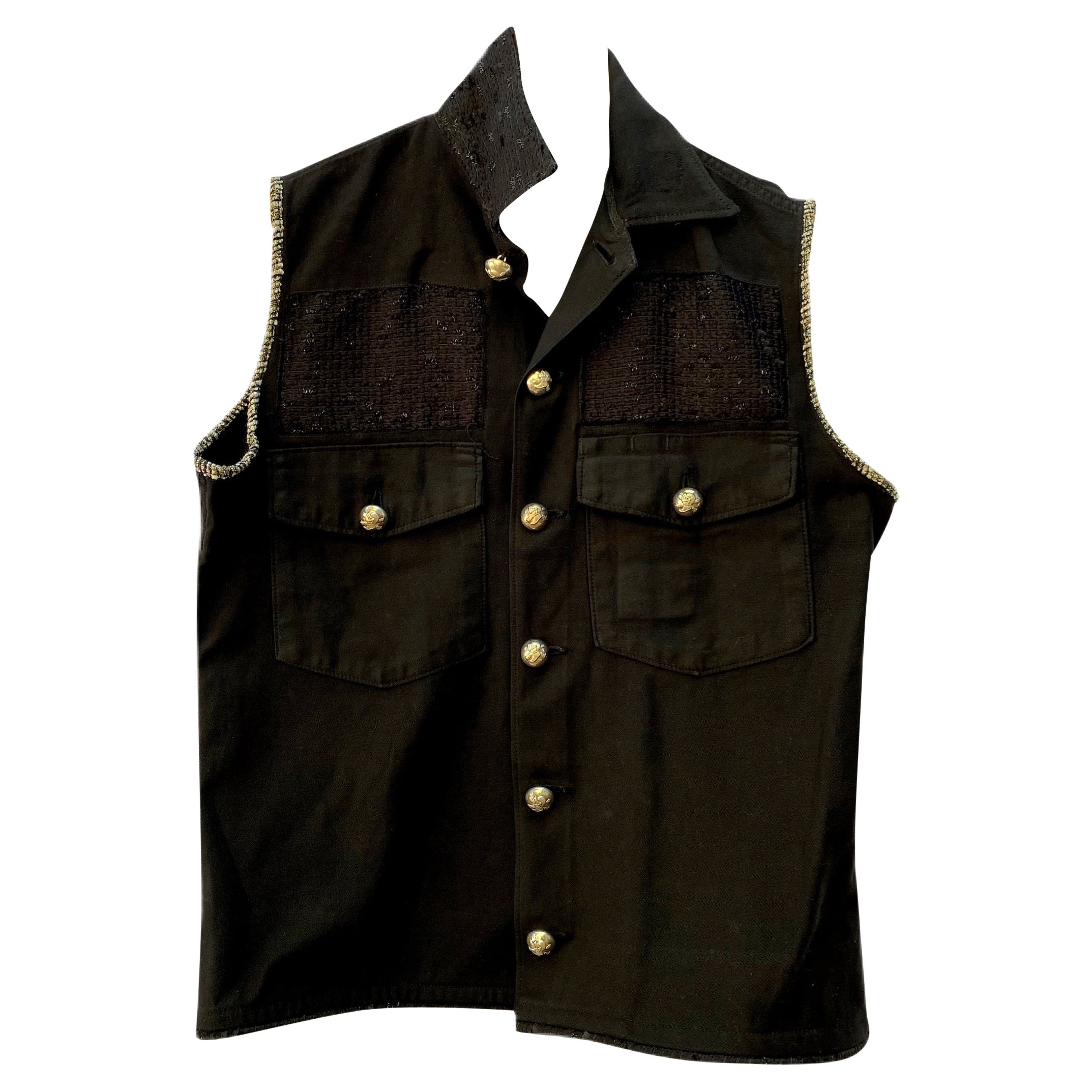 Embellished Black Sleeveless Jacket Vest Military Tweed Silver Buttons J Dauphin