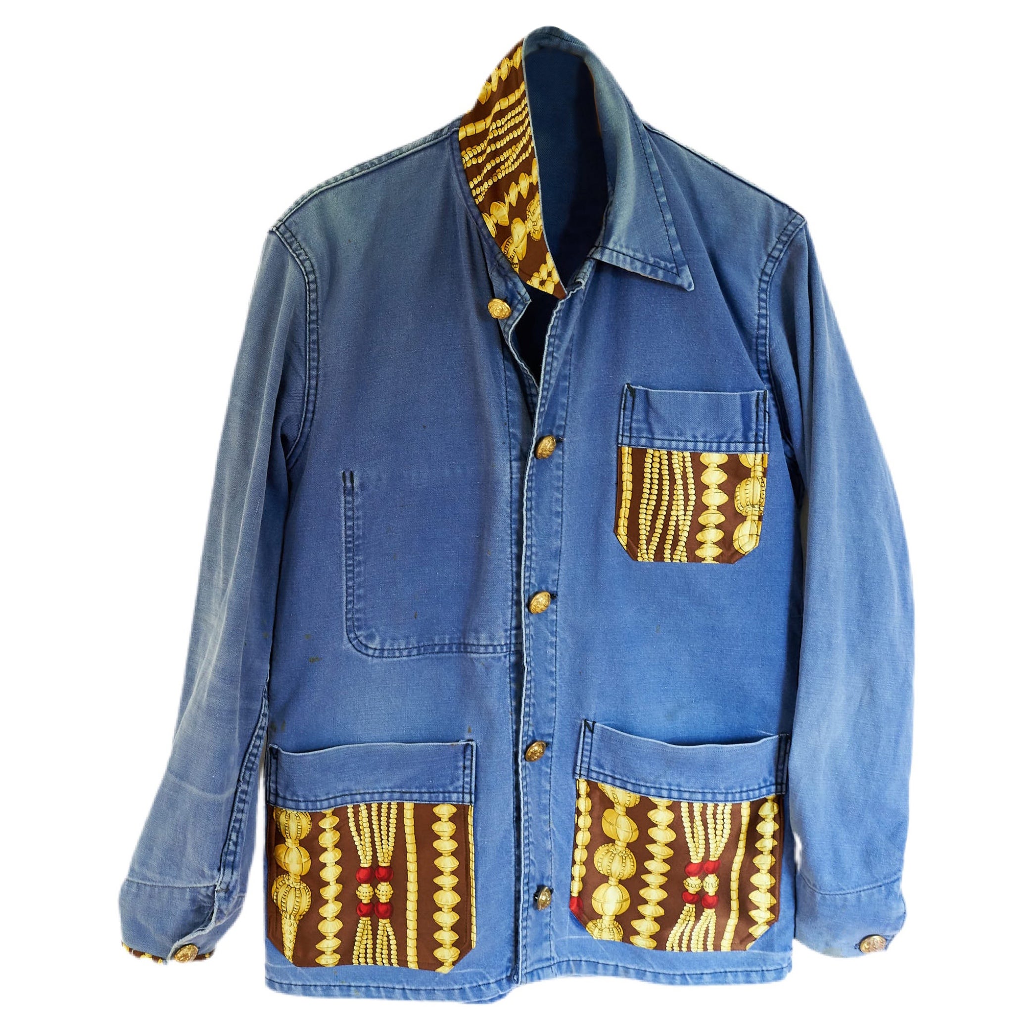 Embellished Distressed French Blue Jacket Designer Brown Chain Silk J Dauphin