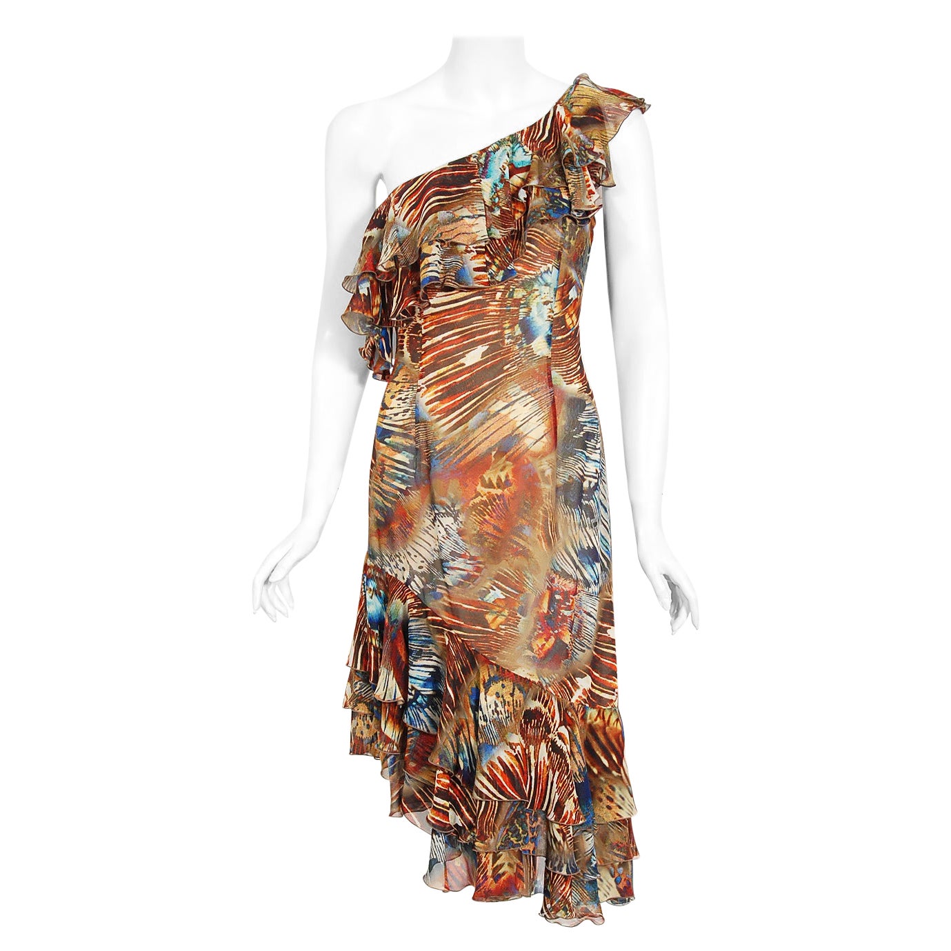 Vintage 1997 Thierry Mugler Couture Butterfly Wings Print Silk Asymmetric Dress